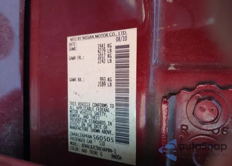 2010 Nissan Altima 2.5 S z USA, uszkodzony, nr VIN 1N4AL2AP4AN560505